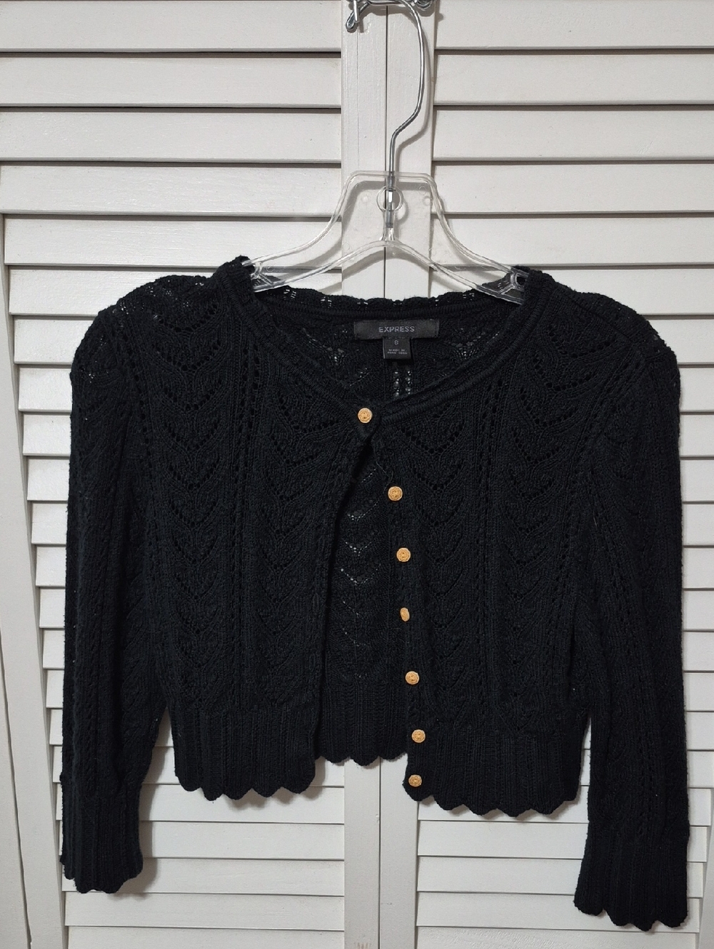 Express Black Cropped Scalloped-Hem Knit Cardigan with Gold Buttons